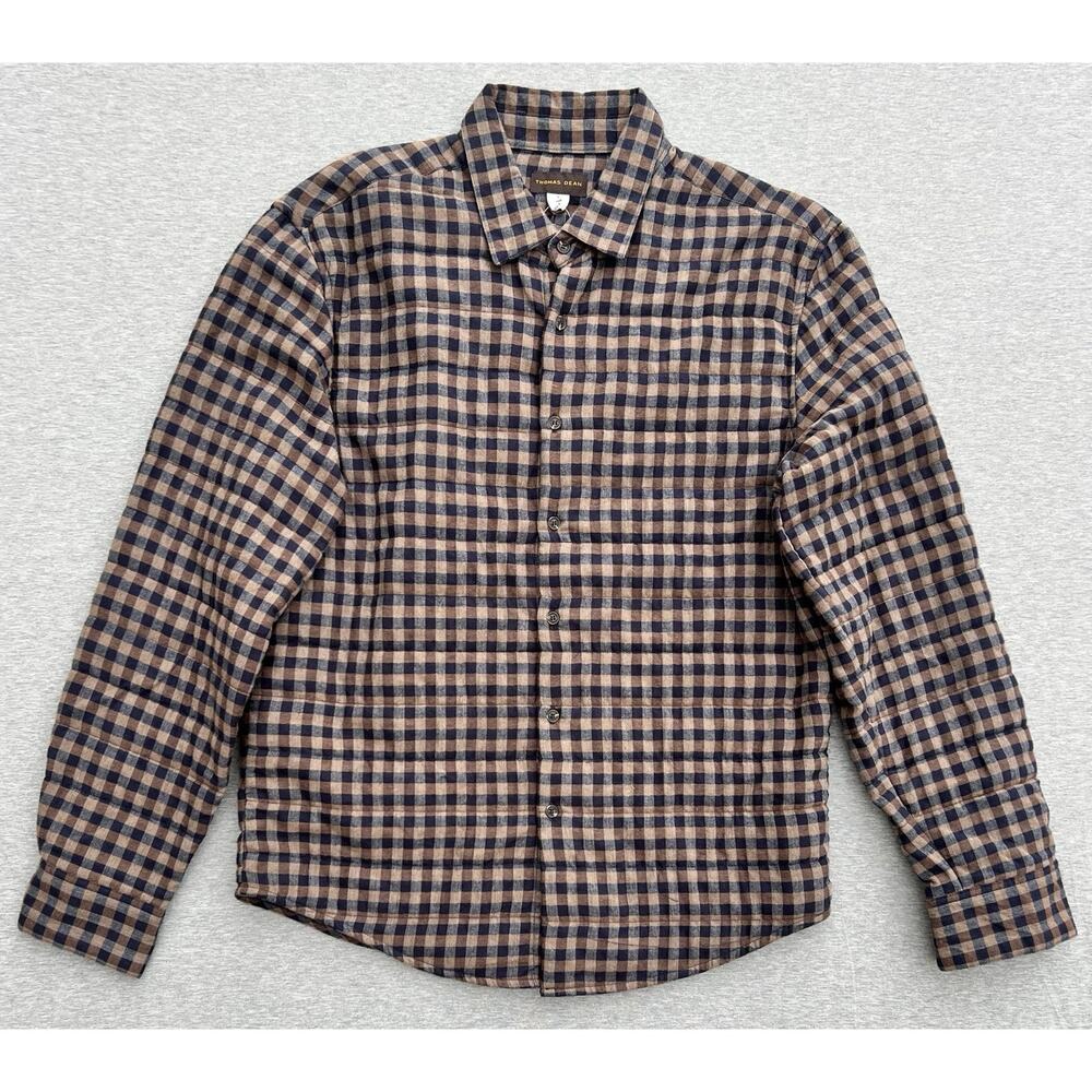 Thomas Dean Plaid Long Sleeves Crinkled Shirt Jacket Khaki Men's Size Large
